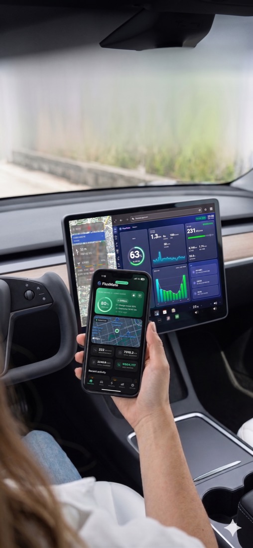 FluxMate in-car dashboard on a Tesla center screen